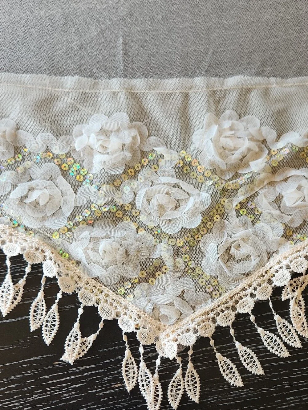 Elegant Ivory Lace Table Scarf/Drapery with Floral Appliqué